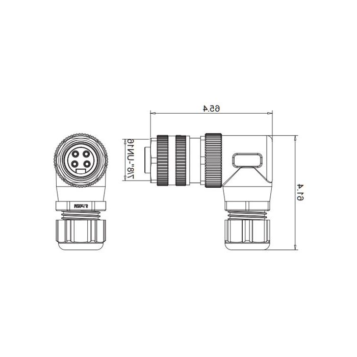 7/8" 4 Pin、Female 90°、Screw connection、0PF043