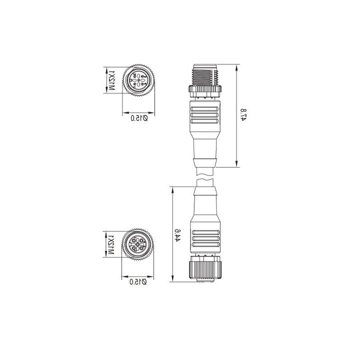 M12 4Pin、male/female、Dual end pre cast  PVC non flexible cable、With shielding、Grey sheathed 、0C4A43-XXX